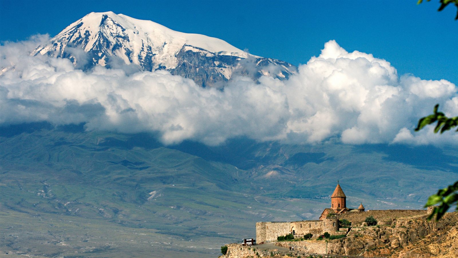 Khor Virap monastery with Mount Ararat rising behind the clouds